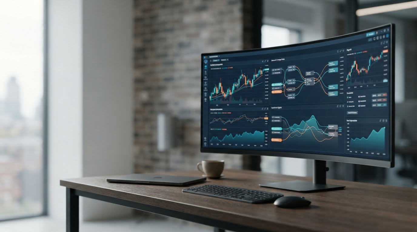 A curved computer monitor displaying financial charts and data visualizations on a wooden desk in a modern office.